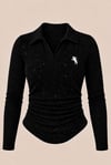 Simli Siyah Polo Yaka Fitilli Premium Uzun Kollu Bluz