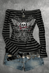 Siyah Antrasit Çizgili Gotik Skull Rose Omuz Dekolteli Y2K Uzun Kollu Crop