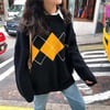Siyah Baklava Desen Ekose Oversize Kazak