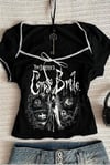 Siyah Corpse Bride Dikiş Detaylı Kurdeleli Kısa Kollu Crop