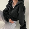 Siyah Crop Top Kalın Kumaş Fermuarlı Kapüşonlu Sweatshirt