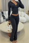 Siyah Düz Kesikli Y2K Pijama Takımı
