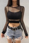 Siyah Fileli Lastik Detaylı Y2K Uzun Kollu Crop