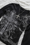 Siyah Gotik Cross Motifli Vintage Grunge Y2K Uzun Kollu Crop