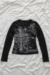 Siyah Gotik Cross Motifli Vintage Grunge Y2K Uzun Kollu Crop