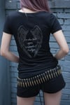 Siyah Gotik Sırt Baskılı Wing Geniş Yaka Y2K Kısa Kollu Crop