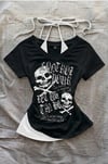 Siyah Gotik Skulls Control Ek Askılı Y2K Kısa Kollu Crop