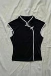 Siyah Mandarin Yaka Beyaz Şeritli Qipao Y2K Kısa Kollu Crop