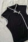 Siyah Mandarin Yaka Beyaz Şeritli Qipao Y2K Kısa Kollu Crop