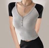 Siyah Raglan Düğmeli Gri Melanj Kısa Kollu Crop