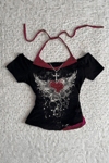 Siyah Rose Red Heart Ek Askılı Gotik Y2K Kısa Kollu Crop