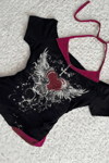 Siyah Rose Red Heart Ek Askılı Gotik Y2K Kısa Kollu Crop