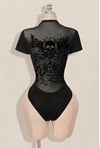 Siyah Skull Ambition Gotik Transparan Kısa Kollu Çıtçıtlı Body