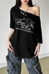 Siyah Swan Lake Salaş Omuz Dekolteli T-shirt
