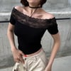 Yeni Siyah Vintage Dantelli Omuz Açık Kısa Kollu Crop