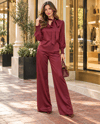 Bordo V Yaka Fularlı Saten Bluz