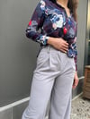 Lacivert Retro Desen Saten Gömlek