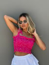 Puan ve Bağlama Detaylı Pembe Crop Bluz