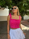 Puan ve Bağlama Detaylı Pembe Crop Bluz