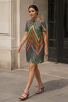 Zigzag Desenli Simli Mini Elbise
