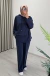 İkoll Modal Oysh. Kumaş Kapüşonlu Yarasa Kol Tesettür İkili Takım Lacivert