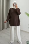 İkoll Yazı Baskılı Premium Kalite Tunik Kahve