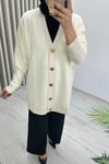 Magazin Oversize Rahat Kalıp V Yaka Düğme Detaylı Angora Kadın Hırka Krem