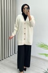 Magazin Oversize Rahat Kalıp V Yaka Düğme Detaylı Angora Kadın Hırka Krem