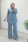 My Magazin Yazlık Denim Kumaş Serpme Taş Detaylı İkili Takım Mavi