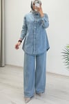 My Magazin Yazlık Denim Kumaş Serpme Taş Detaylı İkili Takım Mavi