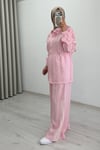 Şerit Detaylı Bel Büzmeli Spor Takım Pembe