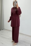 Tripen Tensel Kumaş Taş İşleme Detaylı Tesettür Takım Bordo