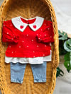 Çilek İşleme Yakalı Müslin Bluz Kot Pantolonlu Takim
