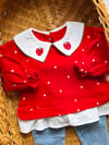 Çilek İşleme Yakalı Müslin Bluz Kot Pantolonlu Takim