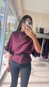 10838 Yün Karışımlı Kemerli Kayık Yaka Kazak-Bordo
