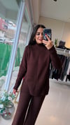 23772 Çizgi Detalı Beli Lastikli Triko Takım Kahve