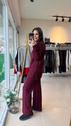 23772 Çizgi Detaylı Beli Lastikli Triko Takım Bordo