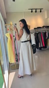 36512 ORJİNAL MODEL KEMERLİ MİDİ KETEN ELBİSE BEJ 