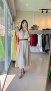 36552 ORJİNAL MODEL MİDİ KETEN ELBİSE BEJ 