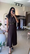 37263 Kahve Çizgi Desenli Kemerli Elbise