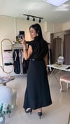 37263 Siyah Çizgi Desenli Kemerli Elbise