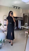 37263 Siyah Çizgi Desenli Kemerli Elbise