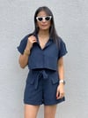 7058 KETEN CROP GÖMLEK ŞORT TAKIM LACİVERT