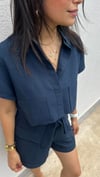 7058 KETEN CROP GÖMLEK ŞORT TAKIM LACİVERT
