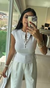 Düğmeli Kısa Kollu Top-Beyaz 31887