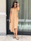 Keten Verev Kesim Elbise Camel