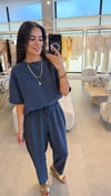 Sırtı Düğme Detaylı Tencel Kumaş Takım Indigo