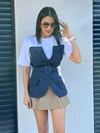 TASARIM,KEMERLİ LACİVERT GABARDİN BLUZ
