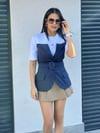 TASARIM,KEMERLİ LACİVERT GABARDİN BLUZ