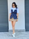 TASARIM,KEMERLİ LACİVERT GABARDİN BLUZ